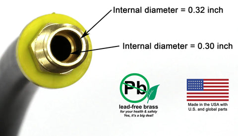 Badass 12 Inch Short Air Compressor Hose Built Like A Tank With Lead Free Brass 1/4 Male Npt To Male Npt Fittings showing internal diameters.