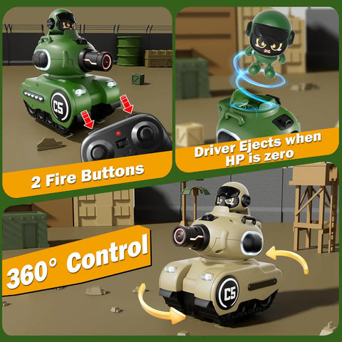 3 images of 2 Pack Remote Control Battle Tanks With Laser Tag For Kids in action, showing 2 fire buttons, ejectable driver, and 360° control