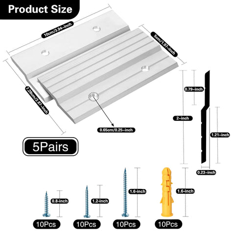 Heavy Duty Aluminum 4 Inch Z Clip Interlocking Picture Cleat Wall Mounting Kit with screws and anchors, size details visible.