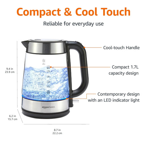 Electric Kettle With Glass Carafe For Tea And Coffee, BPA Free, Fast Boil, Auto Shut Off, 1.7 Liter, 1500W, Black And Silver
