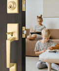 Double Front Door Handle Set With Satin Brass Exterior Lock Front Door Handle And Single Cylinder Deadbolt Heavy Duty Door Hardware