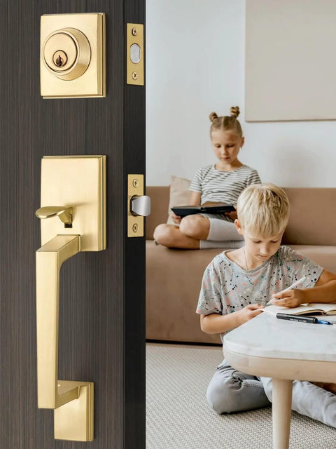 Double Front Door Handle Set With Satin Brass Exterior Lock Front Door Handle And Single Cylinder Deadbolt Heavy Duty Door Hardware