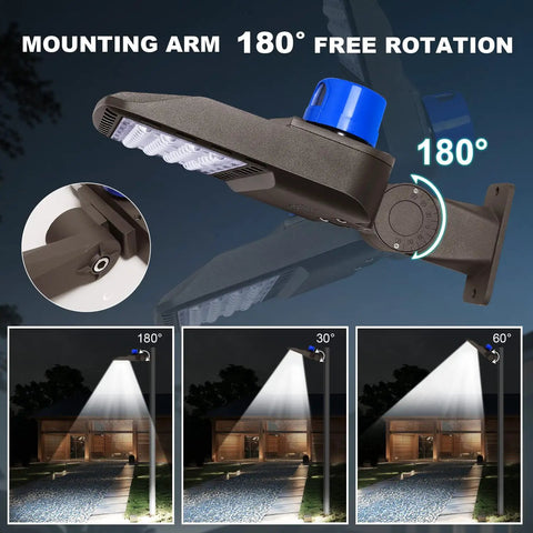 LED Parking Lot Light 150W Outdoor Floodlight 19500 Lumens Dusk To Dawn Black IP65 with 180° mount rotation feature