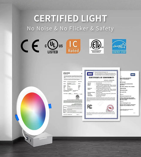 Certification display for Ultra Thin 6 Inch RGB LED Recessed Lights Canless IC Rated Dimmable Downlights With Alexa Control Color Changing