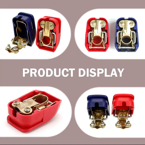 Two Pack Quick Release Battery Clamps For Cars Trucks And SUVs, Easy Snap On Quick Disconnect Terminals, Universal Copper Galvanized Battery Clamp Set In Blue And Red, Secure Connection product display