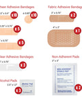 First aid kit components: assorted skin-tone adhesive bandages, non-adherent pads, alcohol pads