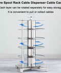 Heavy Duty Rotating Wire Spool Rack No Sweat Turntable Cable Caddy For Electrical Wire Storage with swivel tiers for easy access.
