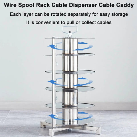 Heavy Duty Rotating Wire Spool Rack No Sweat Turntable Cable Caddy For Electrical Wire Storage with swivel tiers for easy access.
