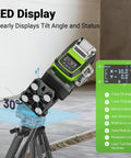 Top Notch Upgraded 360 Degree Laser Level With Electric Fine Adjustment Rotating Base Remote Control Rechargeable Self Leveling High Accuracy 1/13 Inch Pulse Mode For Precise DIY And Pro Projects showing tilt angle on LED display