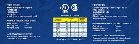 Table with specifications for Electric Roof Heating Cable Kit RC120 120V 600W 120 Ft Black For Ice Dam Prevention.