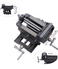 Heavy Duty Cross Slide Drill Press Vise 5 Inch X Y Machine Vice built with cast iron, showing precise slides and clamping features.