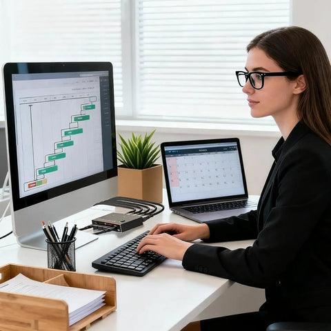 Hassle Free 4K 60Hz DisplayPort KVM Switch That Lets Two Computers Share One Monitor Flawlessly With Quick USB 3.0 Hub Connections, dual monitor setup with woman working.