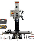 Precision Heavy Duty Benchtop Mill And Drill With 1300W Brushless Motor, R8 spindle, and tools for steel and wood projects.