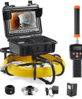 Sewer Inspection Camera Pro Grade With 512Hz Locator, 165 Feet Cable, 9 Inch LCD Screen, DVR Function, IP68 Waterproof Camera With 12 Adjustable LEDs, 16GB SD Card, Perfect For Home Plumbing, Ducts, And Pipe Runs. Open case with monitor and cable reel