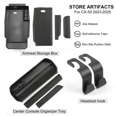 Mazda CX50 Interior Upgrade Kit 4 Pack Center Console Organizer Tray Armrest Storage Box And 2 Headrest Hooks 2023-2025