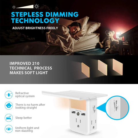 2 Pack Outlet Shelf Extender With Built In Shelf And Adjustable Night Light 3 Outlets 2 USB Ports Wall Mounted Power Strip