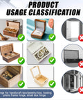 Product usage classification showing suitable uses for 60 Pcs Small Brass Antique Miniature Hinges with checkmarks and crosses.