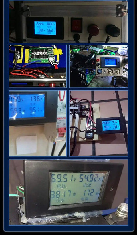 Digital LCD Ammeter Voltmeter Power Meter 6.5V To 100V 0-20A Range with Built-In Shunt, blue backlit display in use.