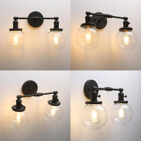 Industrial Black Wall Sconce Hardwired Double Light With 5.9 Inch Glass Globe Lampshade Modern Wall Fixture