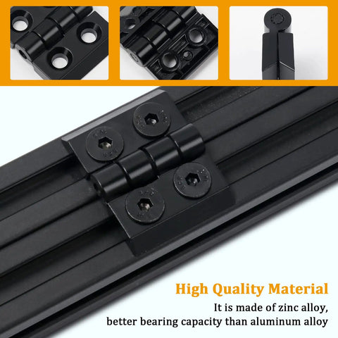Close-up of a zinc alloy hinge installed on a 2020 6mm T-slot aluminum extrusion frame, part of a 4 Pack Zinc Alloy Hinge Set For 2020 Series 6mm T Slot Aluminum Extrusion Frames And 3D Printer Builds Heavy Duty Hinges For Beefy Mounts And Easy Install.