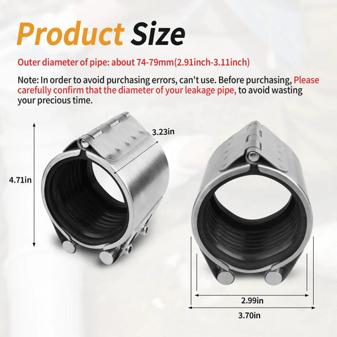 No Sweat Heavy Duty Pipe Repair Clamp Kit For 3 Inch Plumbing Emergency Leak Sealer dimensions showing stainless steel and rubber parts.