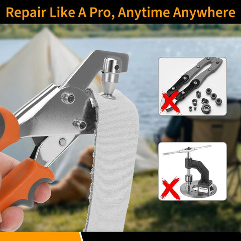 Heavy Duty Snap Fastener Tool Kit With 150 Sets Of Metal Snaps And Hoss Button Pliers equipped with a fabric piece for DIY repairs.