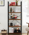 5 Tier Rustic Brown Bookshelf Tall Display Shelf For Living Room Home Office Space Saving Storage Organizer For Books CDs Movies And More In Modern Classic Style filled with books, decorations, and a Santa figurine