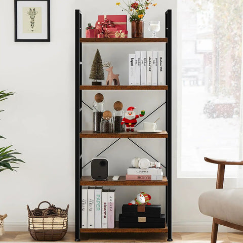 5 Tier Rustic Brown Bookshelf Tall Display Shelf For Living Room Home Office Space Saving Storage Organizer For Books CDs Movies And More In Modern Classic Style filled with books, decorations, and a Santa figurine