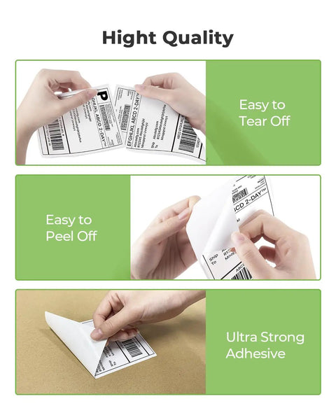 Genuine 4x6 Direct Thermal Shipping Labels For Nelko PL70E Printer, Perforated, showing easy tear, peel, and strong adhesive features.