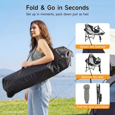 Person carrying Heavy Duty Hammock Camping Chair With Removable Footrest And Cup Holder, Fold & Go diagram shown