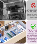 Comparison of drawer organization with and without the 14 Piece Clear Drawer Organizer Set With 3 Adjustable Bin Sizes Acrylic Storage Bins.