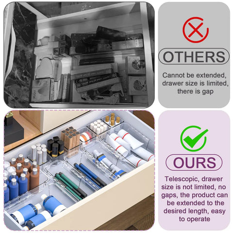 Comparison of drawer organization with and without the 14 Piece Clear Drawer Organizer Set With 3 Adjustable Bin Sizes Acrylic Storage Bins.