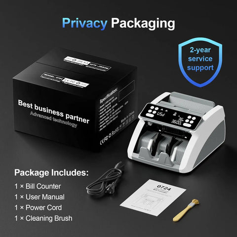 Value Count Money Counter For USD And EUR With UV MG IR Counterfeit Detection shown with packaging and accessories