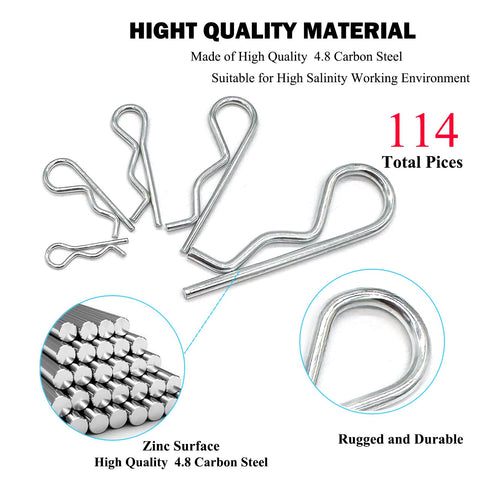 114 Piece Hitch Pin Clip Kit R Clips Retaining Pins For Dolly Trailer Hand Truck And Tractor Uses 5 Size Assortment M1 To M3