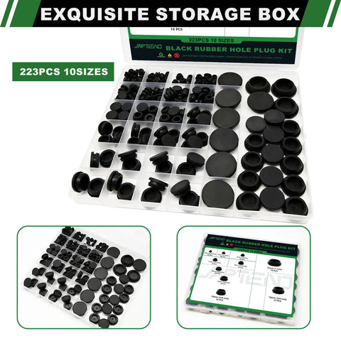 223 Piece Black Silicone Rubber Plugs Kit For Round Holes With Snap Locking Design in 10 Sizes displayed in storage box