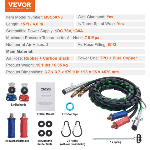 15 Foot Semi Truck Air Lines Kit With Glad Hands And 3 In 1 Air Hoses Plus 7 Way ABS Power Line Includes 2 Glad Hands 4 Seals