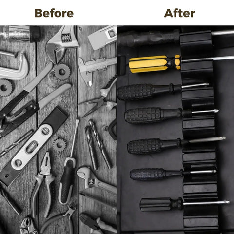 Before and after using Modular Screwdriver Organizer Set With Magnetic Holders For Tool Drawers And Tool Boxes Wavy Groove Design 3 Pack With 24 Holders