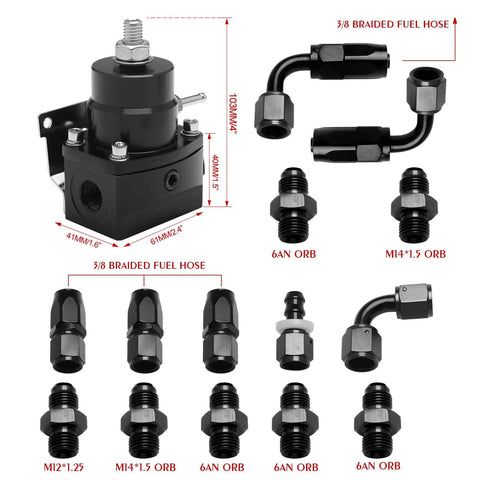 Universal EFI Fuel Pressure Regulator Kit with gauge and fittings 6AN ORB connectors black aluminum for engines
