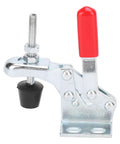 Front view of a zinc-plated steel quick release toggle clamp with red handle from Five Pack Quick Release Toggle Clamps With 66Lb Clamping Force For Woodworking And Welding, Vertical Workholding Fixture Tools, Easy Release, Beefy Durable Build For Secure, Slip Free Hold On Projects.