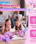 Unicorn Pink Remote Control Car For Girls, 360 Degree Rotating RC Stunt Car, two girls playing indoors, LED lights visible