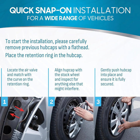 3-step guide to installing 4 Pack 16 Inch Wheel Rim Covers For Steel Wheels OEM Style Hub Caps Snap On Fit For Cars Trucks SUVs