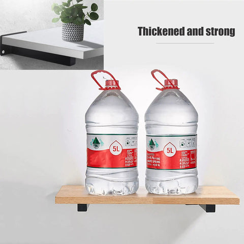 Hella Sturdy Black Industrial Floating Shelf Brackets Set Of Two Heavy Duty Wall Mount supports showcasing two 5L water bottles.