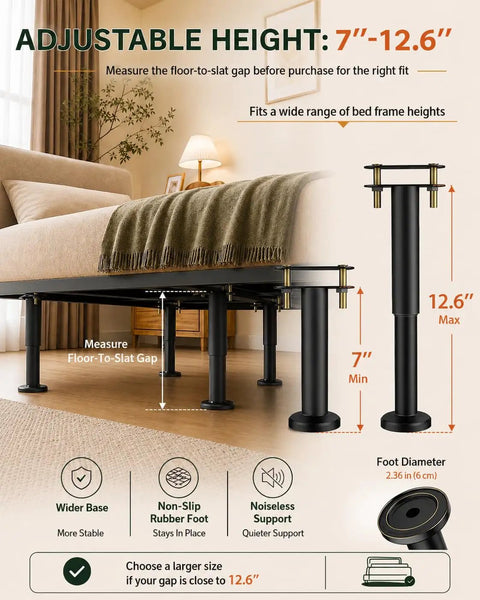 Solid As A Rock Adjustable Metal Bed Support Legs 4 Pack Heavy Duty Center Pillars 7 To 12.6 Inch visible under bed for height adjustments.