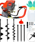 Gas Powered 62cc Post Hole Digger Kit With Auger Bits 3 Inch 5 Inch 8 Inch And 3 Extension Rods 24 Inch Each, includes tools and gloves