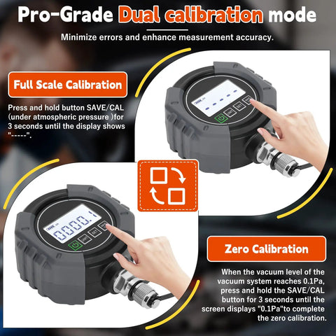 Digital HVAC Micron Vacuum Gauge 0 To 75,000 Microns With Pirani Sensor For Fast Accurate Readings And Micro Leak Detection Pro Grade Vacuum Quality Check In AC Systems, zero calibration