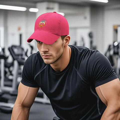 Man wearing rose red Cool Uncle Club Baseball Cap For Men Like A Dad But Cooler EST 2026 Adjustable Baseball Hat in gym