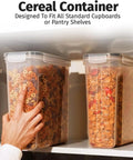 Two Pack Extra Large Airtight Food Storage Canisters For Bulk Pantry Organization, 6.3 Liters 213 Ounces BPA Free Plastic Containers For Rice Pasta Sugar Flour And More, filled with cereal in a pantry
