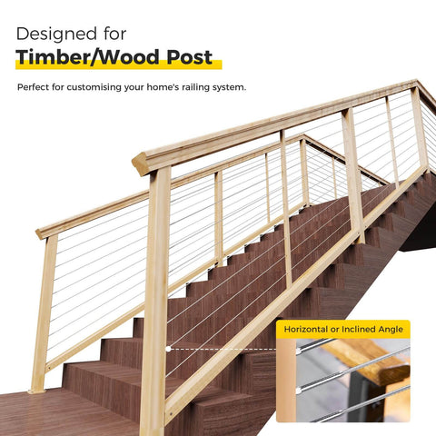 Marine Grade T316 Stainless Steel Cable Railing Hardware Kit For Wood Posts installed on outdoor staircase.