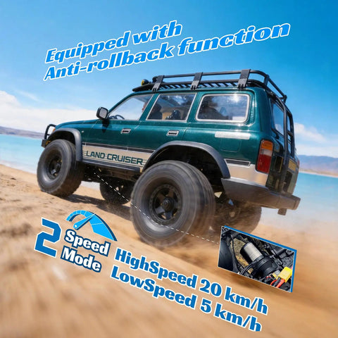 Toyota Licensed LC80 One Tenth Scale Brushless RC Crawler With 4x4 Real Off Road Power driving on sandy beach