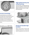 Close-up of high quality bearing steel rolling bearings on four wheel trolley assembly, suitable for channel strut systems.